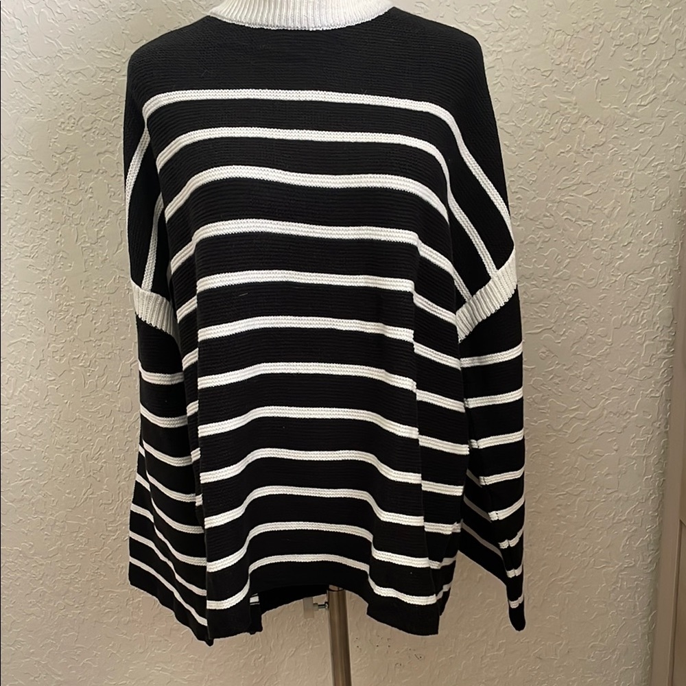 Black and White Striped Cowl Neck Sweater